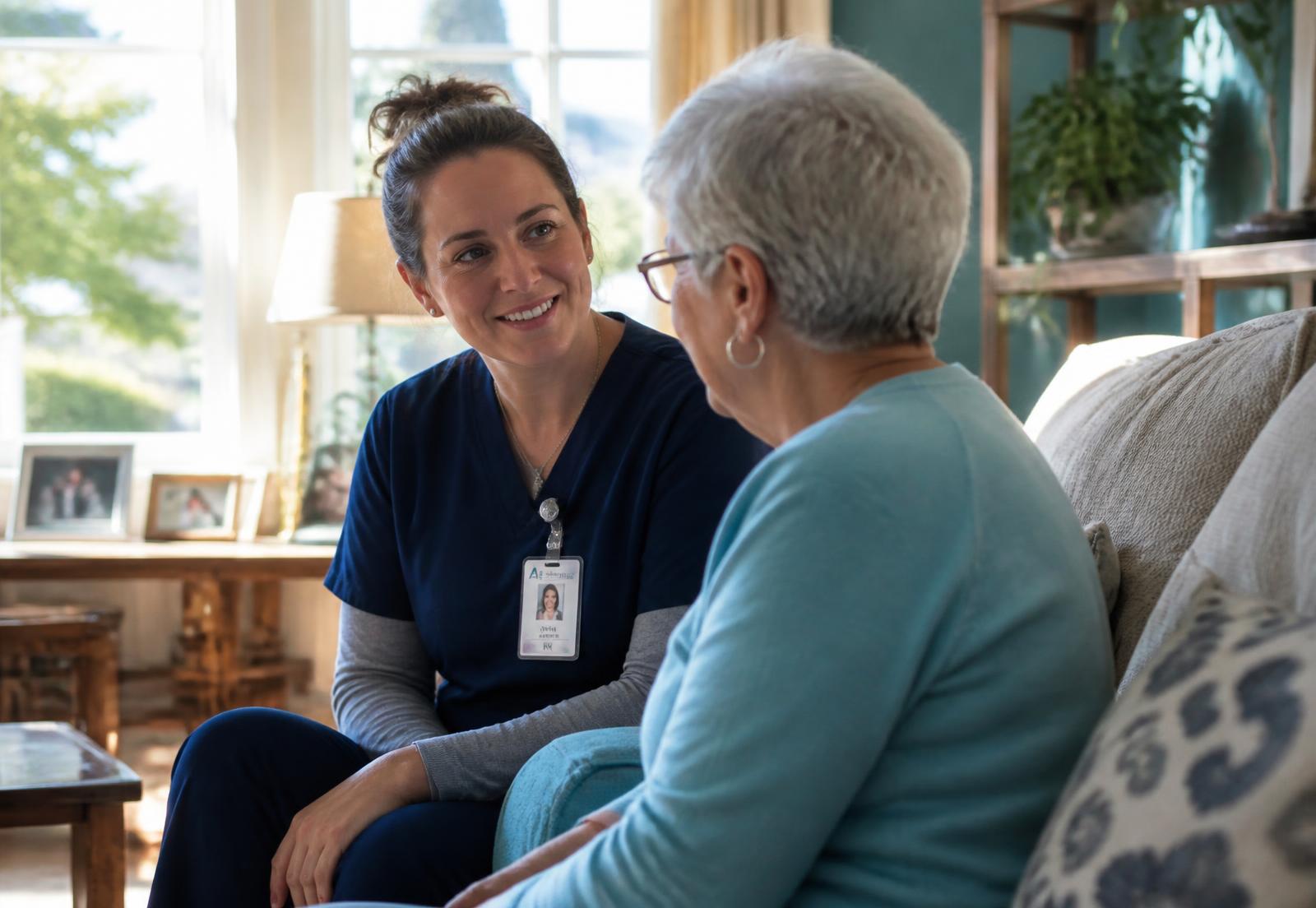 Home health nurse visiting with an older adult patient in their living room